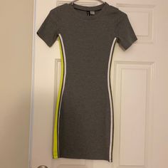 Very Form Fitting! Never Worn! Size Xs But Definitely Fits More Like A S. Gray Fitted Dress With Crew Neck, Gray Fitted Crew Neck Dress, Fitted Cotton Dress With Crew Neck, Fitted Gray Cotton Mini Dress, Gray Casual Bodycon Dress, Casual Gray Bodycon Dress, Fitted Crew Neck Midi Dress For Summer, Side Stripe, Gray Dress