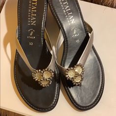 Brand New With Marks Inside Elegant Metallic Silver Sandals For Summer, Classic Silver Sandals For Summer, Elegant Metallic Silver Summer Sandals, Classic Silver Sandals For Spring, Elegant Silver Sandals With Round Toe, Classic Silver Round Toe Sandals, Classic Silver Leather Sandals, Teal Sandals, Neutral Sandals