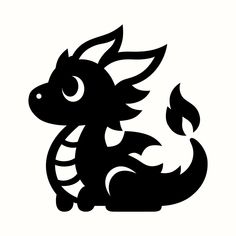 a black and white silhouette of a dragon with flames in its mouth, on a white background