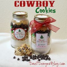 two mason jars filled with cookies and chocolate chips