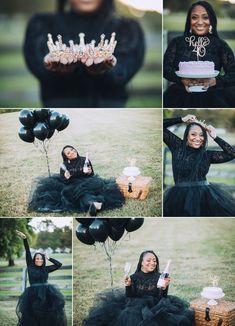 a woman in a black dress holding balloons and cake