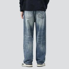 Elevate your trend game with our sanded men's medium-wash jeans from the 2023 Autumn-Winter Collection! These vintage-inspired jeans are the epitome of fashion, with their baggy fit and whiskered details. The high-waistline design adds a touch of sophistication, while the zipper and button closure provide a vogue twist.Distinctive Features Fashion Forward: These jeans exude style and elegance, making them a must-have in your wardrobe. They capture the essence of the 2023 vogue vibes and are a pe Urban Straight Leg Winter Jeans, Urban Straight Leg Jeans For Winter, Urban Dark Wash Winter Jeans, Distressed Relaxed Fit Jeans, Winter Streetwear Jeans, Distressed Medium Wash Jeans For Winter, Winter Distressed Medium Wash Jeans, Washed Blue Denim Jeans For Winter, Urban Washed Jeans For Winter