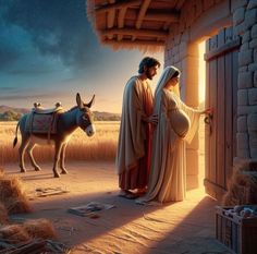 the nativity scene depicts jesus and mary with donkeys in front of an open doorway