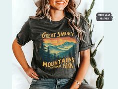 Welcome to Pixel Trendz! Vintage Great Smoky Mountains National Park T Shirt  Comfort: Crafted from a soft and breathable cotton blend, this tshirt ensures comfort and coziness.  High-Quality Material: This classic Bella-Canvas 3001 unisex jersey short sleeve tee fits like a well-loved favorite. Soft cotton and quality print. These t-shirts have-ribbed knit collars to bolster shaping. The shoulders have taping for better fit over time. Dual side seams hold the garment's shape for longer.  .: Lig Gray Graphic Print Top For Outdoor Activities, Gray Summer Outdoor Top, Soft-washed Short Sleeve Tops For Outdoor, Outdoor Fall Short Sleeve Tops, Outdoor Short Sleeve Tops For Fall, Short Sleeve Tops For Outdoor Fall Events, Short Sleeve Tops For Fall Outdoor Events, Short Sleeve Tops For Fall Outdoor, Outdoor Relaxed Fit Soft-washed Tops