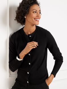 Take along an elegant finishing touch with this classic cardigan. Made from an exceptionally smooth cotton blend with rib knit trim. Stay cozy in style at all your parties and happy occasions. Features Cardigan Long Sleeve Hits At Hip Crew Neck Button front closure Straight hem Imported Fit: Misses: 22 1/2"; Petite: 21 1/2"; Plus: 25 1/2" Material: 65% Cotton, 20% Polyester, 13% Nylon, 2% Spandex Care: Machine Wash Cold; Only Non-Chlorine Bleach When Needed; Reshape, Lay Flat To Dry; Cool Iron, Cardigan Long Sleeve, Classic Cardigan, Talbots Sweater, Classic Style Women, Cardigan Long, Style Fall, Women's Sweaters, Stay Cozy, Layered Look