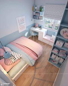 a bedroom with a bed, desk and bookcases in the corner is shown