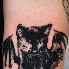 a cat and bat tattoo on the arm