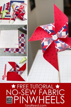 a pinwheel made out of red, white and blue fabric with text overlay that says free pattern no sew fabric pinwheels