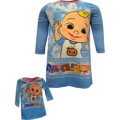 Inspired by the educational series are these CoComelon pajamas. CoComelon is a preschool educational show centered around a young boy named JJ. He and his pals go on educational adventures, learning and growing along the way. This blue nightgown features long sleeves with a JJ character design on the front and a matching gown for your doll. This nightgown is perfect for your little one to snuggle up and watch their favorite streaming show or get ready for bed. It is made from a soft polyester fa Blue Long Sleeve Bedtime Dress, Blue Long Sleeve Dress For Pajama Party, Blue Long Sleeve Sleepwear With Character Print, Blue Character Print Sleepwear For Playtime, Toddler Nightgown, Blue Nightgown, Betty Boop Classic, Sesame Street Muppets, Learning And Growing