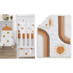 a baby crib bedding set with an orange sun design