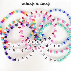 Make your own fun and colourful custom friendship bracelet! Perfect for stacking or layering with other bracelets. These also make a great gift for a best friend, bridesmaids, mom, or your kiddos! Bracelet features 4mm glass seed beads and acrylic white letter beads strung on stretchy elastic cord. Choose from many different colours or create your own custom bracelet (see different pattern ideas in photos.) You can also customize the bracelet with coloured hearts. (See options in photos.) This i Customized Adjustable Playful Friendship Bracelets, Playful Customized Bracelets For Gifts, Playful Customizable Adjustable Bracelets, Customized Adjustable Friendship Bracelets, Playful Adjustable Customizable Bracelets, Customized Adjustable Multicolor Wristband, Customizable Adjustable Friendship Bracelets, Playful Multicolor Beaded Bracelets For Personalized Gift, Customizable Multicolor Stretch Bracelet As Gift