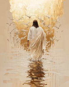 a painting of jesus walking in the water