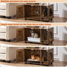 three pictures showing the different stages of moving a cat bed in a box or other thing