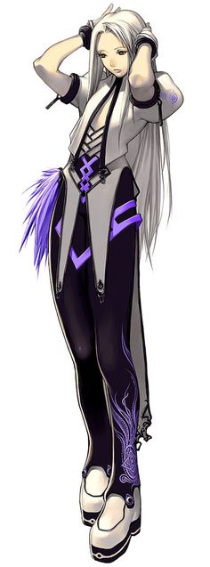 an anime character with long white hair and purple pants, holding her hand on her head