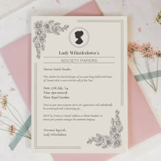 a pink and white wedding card with an image of a woman's profile on it