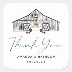 a wedding thank card with an illustration of a barn and the words, thank you