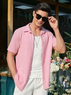 Rosa Casual Collar manga corta Tela Liso Camisa Embellished Estiramiento medio Men Pink Outfit Casual, Pink Mens Outfits, Pink Shirt Outfit Men Casual, Pink Outfit For Men, Pink Shirt Outfit Men, Pink Outfits Men, 1989 Clothes, Pink Outfit Men, Pink Shirt Outfit