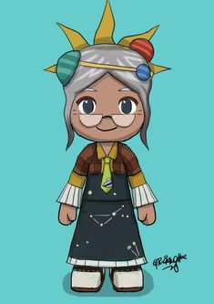 an old woman with grey hair and blue eyes is dressed in a costume that has been drawn