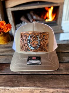 Leather Patch Hat, Spur Straps, Patch Hat, Ball Caps, Leather Ideas, Cowgirl Hats, Tooled Leather, Snap Backs, Metallic Colors