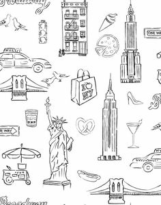 the new york city skyline is shown in black and white, with hand drawn symbols