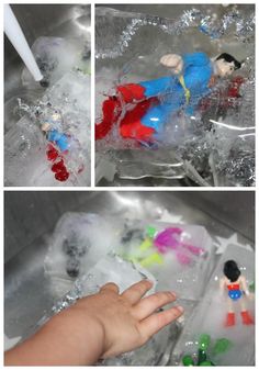 there is a small toy in the ice with water and plastic toys on it's sides