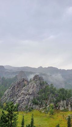 the mountains are covered in fog and low lying clouds, with green trees on either side