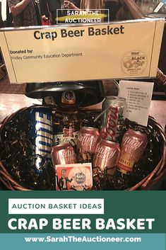 a basket filled with lots of different types of beer next to a sign that says crap beer basket