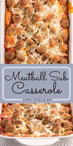 meatball sub casserole in a white dish with the title overlay above it