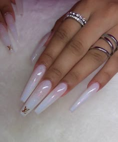 Nails And Rings, Long White Nails, Acrylic Nail Designs Coffin, Holo Nails, Cute Acrylic Nail Designs, Long Acrylic Nails Coffin