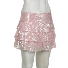 Mini Skirts Sequin Ruffle Fashion Women Ladies Girls Pink Layered Streetwear Short A Line Sparkly Sequin Cake, Hipster Skirt, Low Waist Skirt, Estilo Hipster, Ruched Mini Skirt, Ballerina Heels, Moda Cyberpunk, Mesh Bows, Moda Punk