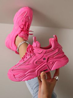 2024 Latest Women Thick Sole Sneakers Pink Chunky Mesh Splice Casual Shoes Hot Pink    Fabric     Sports & Outdoor Shoes, size features are:Bust: ,Length: ,Sleeve Length: Hot Pink Fabric, Shein Clothes, Pretty Sneakers, Shein Shoes, Casual Athletic Shoes, Sneakers Pink, Sole Sneakers, Skz In Cute, Casual Athletic