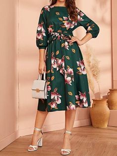 Elastic Waist Belted Floral Dress - Dresses - INS | Online Fashion Free Shipping Clothing Casual Green Belted Dress, Printed Green Midi Dress For Fall, Casual Green Dress With Tie Waist, Spring Green Dresses With Tie Waist, Casual Green Belted Midi Dress, Belted Green Dress For Vacation, Green Belted Vacation Dress, Belted Floral Dress, Elegant Color