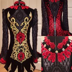 the back of a black and red dress with gold sequins