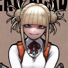 an anime character with blonde hair wearing a white shirt and brown suspenders is looking at the camera