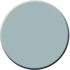 a round gray paint color on a white background, with the top half painted in light blue