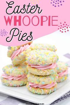 easter whoopie pies on a white plate with pink and yellow sprinkles