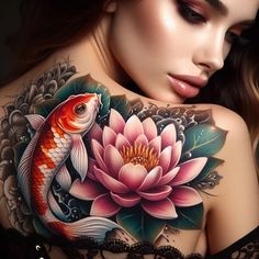 a woman with a tattoo on her back holding a pink flower and koi fish