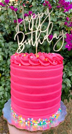 a pink birthday cake with sprinkles and a happy birthday sign on top