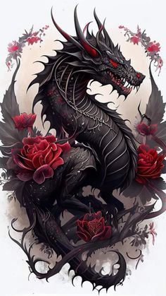 a black dragon with red roses on it's back