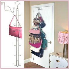 a white door with a pink purse hanging from it's side next to a wall mounted coat rack