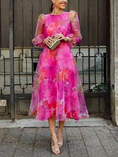 Women Floral Summer Vacation No Elasticity Regular Fit Midi Long sleeve Crew Neck X-Line Dresses Luxury Chiffon Midi Dress For Formal Occasions, Floaty Dresses Wedding Guest, Mesh Floral Dress, Organza Styles, Mode Prints, Chiffon Long Dress, Floral Party Dress, A Line Maxi Dress, 파티 드레스