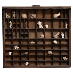 an old wooden box filled with different types of shells