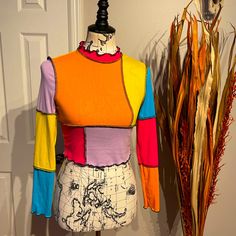 Nwot Shein Vintage Y2k Neon Sewing Outside Crop Patch Work Bright Long Sleeve Mock Turtleneck Sz S Multicolor Orange Red Purple Yellow Blue Cropped Blouse Top Funky Indie Street Wear Biker Skater 90’s - 00’s Tee (Rackciete) All Sales Are Final Cropped Blouse, Blue Crop Tops, Patch Work, Orange Fashion, Mock Turtleneck, Mermaid Fashion, Shein Tops, Crop Blouse, Blouse Top