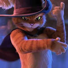 the animated cat is wearing a hat and holding his arm up