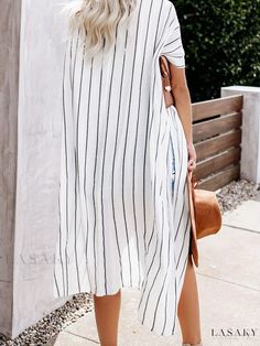 Lasaky - Womens Striped Split Cover-Up Shirt: Elegant V-Neck Beach Kimono with Non-Stretch Loose Fit, Ideal for Swimwear & Casual Clothing Beachy V-neck Top For Day Out, Casual V-neck Blouse For Beach Season, V-neck Top For Summer Outings, White V-neck Beach Top, V-neck Tops For Beach Season, Casual V-neck Cover-up For Day Out, Summer V-neck Tops For Beach Season, Summer V-neck Top For Vacation, Summer Open Front Tops For Beach Season