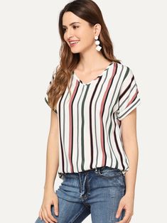 Tie Cuff Blouse, Striped Tops Women, Top Shein, Petal Sleeve, Pleated Top, Roll Up Sleeves, Striped Tie, Wrap Blouse