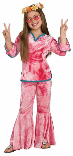 FLOWER CHILD Girls Hippie Costume Rubies 883528 Includes: Pink velvet shirt and bell bottom pants - Does not include floral headpiece Size:   U.S. 4-6 (Small) for ages 3-4 Height: 44”-48” (112 cm-122 cm) Waist: 25”-26” (63-66 cm) See more girl costumes in my ebay store! To convert inches to centimeters: https://manuelsweb.com/in_cm.htm 60’s Outfits, Flower Costume Kids, Flower Child Hippie, Pink Child, 70s Costume, Feelin Groovy, Dye Flowers, Hippie Costume, Velvet Shirt