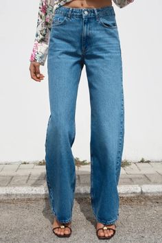 HIGH RISE Z1975 STRAIGHT LEG JEANS - Blue | ZARA United States Trench Coat Dress, Waistcoat Dress, Cargo Shirts, Cardigan Sweater Dress, Shirt Blouses Tops, T Shirt Vest, Sweaters Knitwear, Pocket Jeans, Trouser Jeans