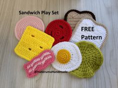 four crocheted dishcloths with fried eggs on them