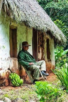 a man sitting in front of a thatched house with bananas on the ground next to it